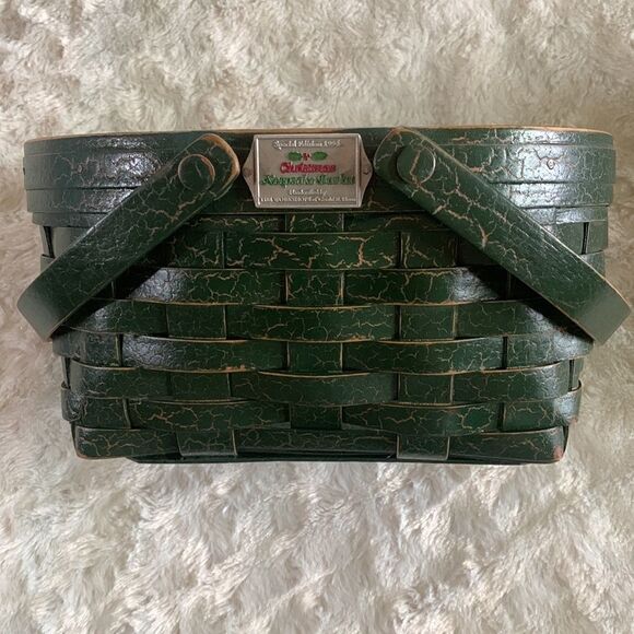 Henn Workshops Basket Green Crackled Christmas Keepsake Handles Hand Crafted - Picture 6 of 12